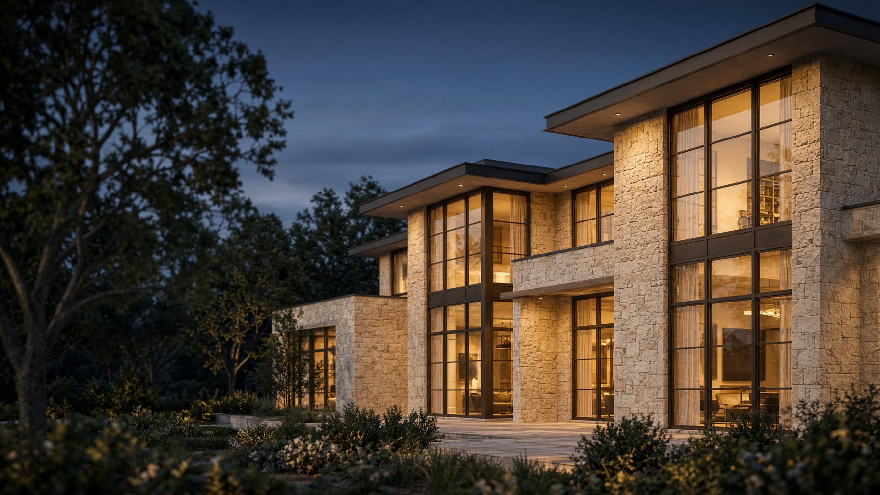 Contemporary home at dusk